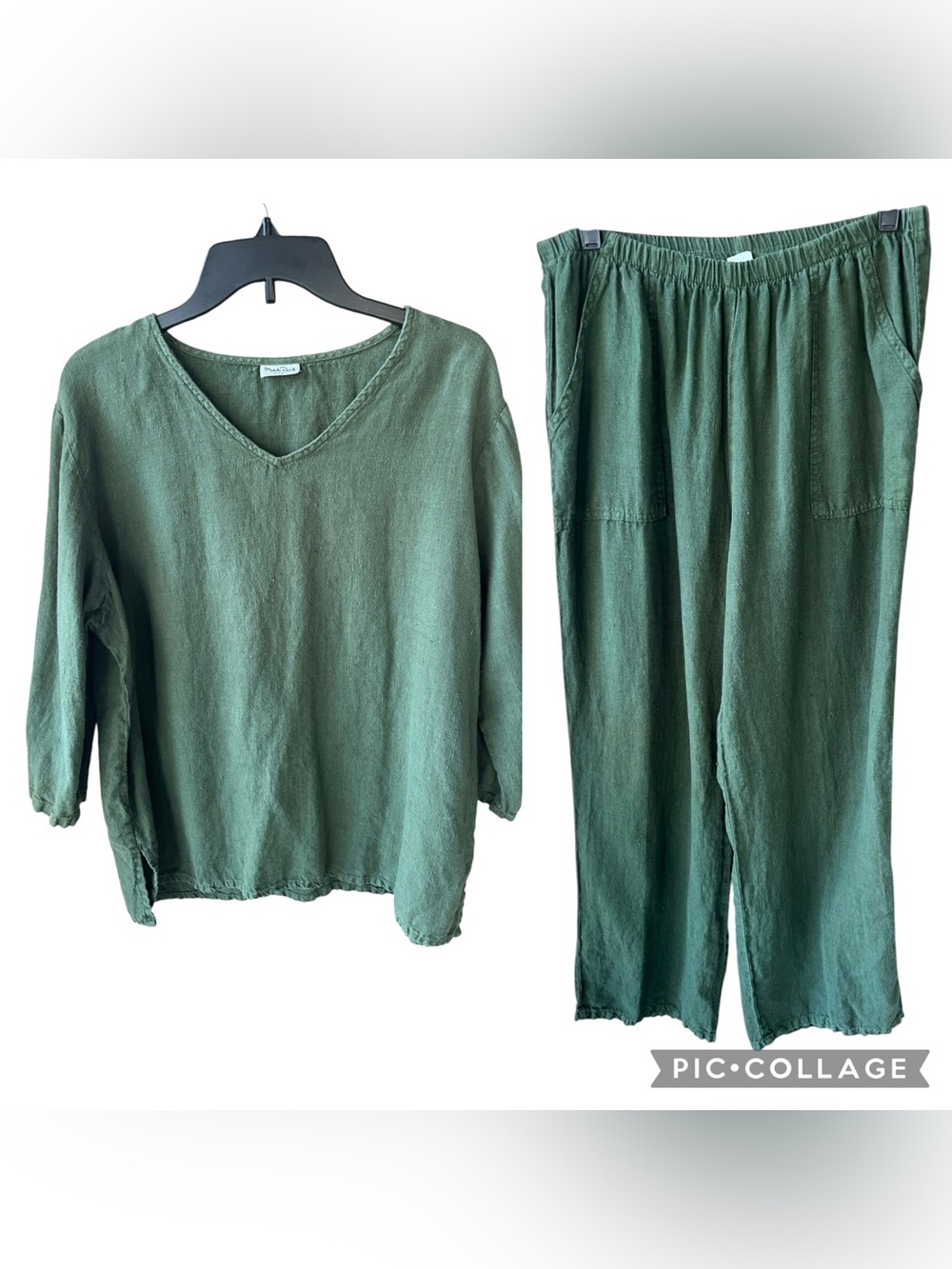 Match Point USA Sz M Olive Green Linen Set Top & Pull-on Pants